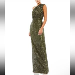 Ieena by Mac Duggal olive green one shoulder sequin dress